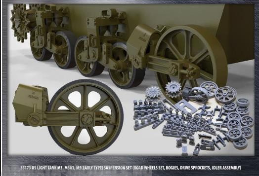 35173 US light tank M3/M3A1/M5 (Stuart) (ранний), набор подвески ( катки, тележки, ведущие звезды, ленивцы с подвеской) for Tamiya, Academy,Italery
