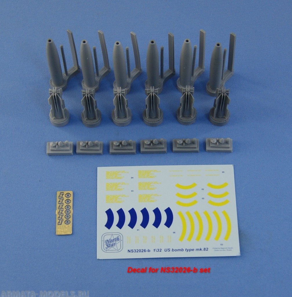 NS32026b Set of 6 USAF 500 Lbs Mark 82 Mk.82 General Purpose (GP) Bomb with Mk15 Mod IV Snakeye Retarder Fin, 4 different nose for each bomb. Resin and PE + decal