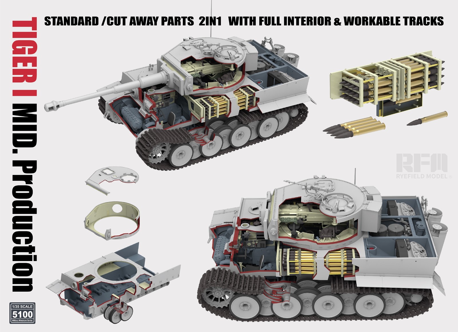 RM-5100 Сборная модель Tiger I MID. Production 2in1 w/cutaway parts & full interior & & workable tracks Rye Field Model (RFM)