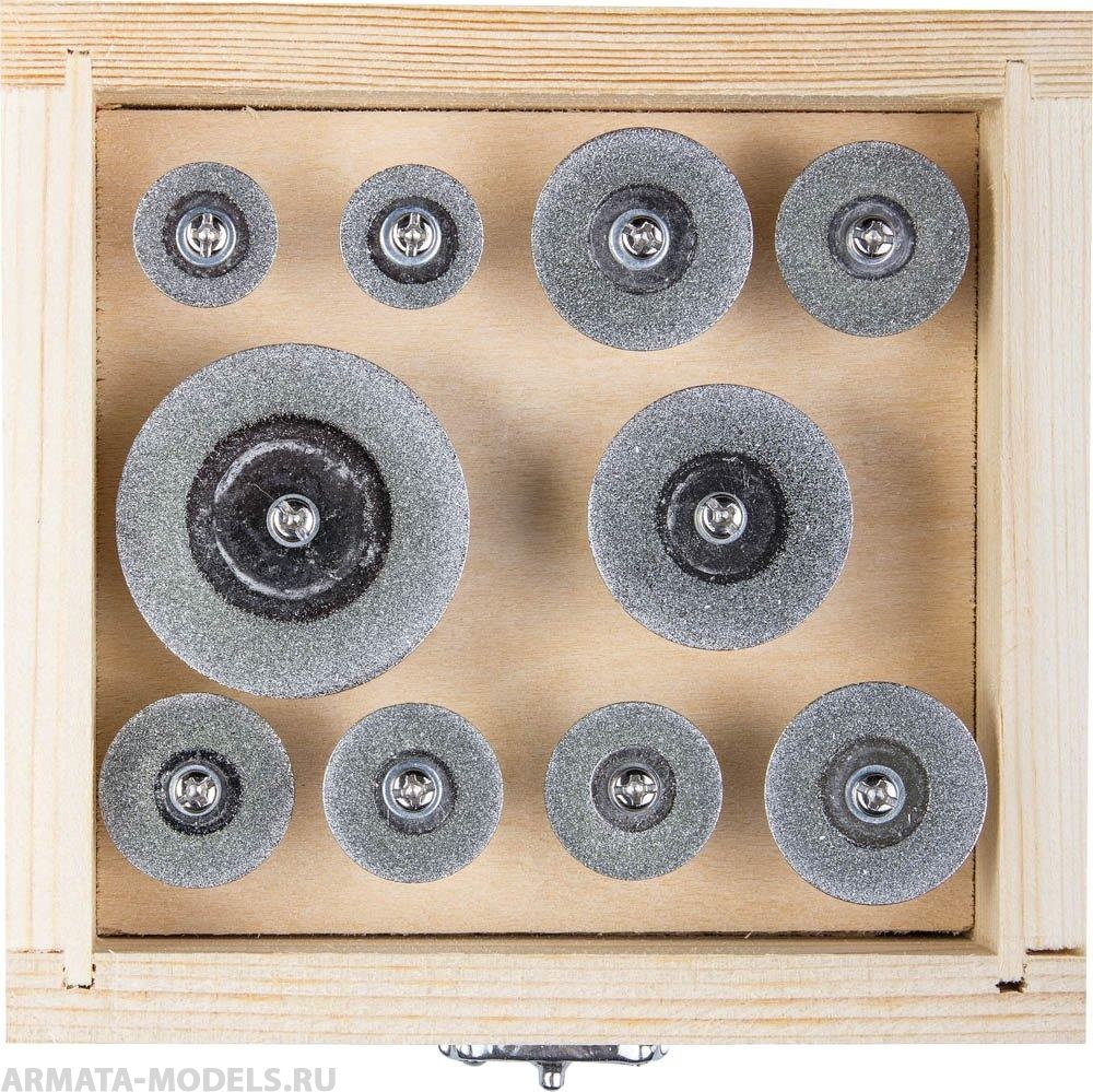 33385-H10 Набор ЭКСПЕРТ Мини-круги с алмазным напылением на шпильке, дерев. бокс, d 16-40, P200, хвост. d 3мм, 10 предм