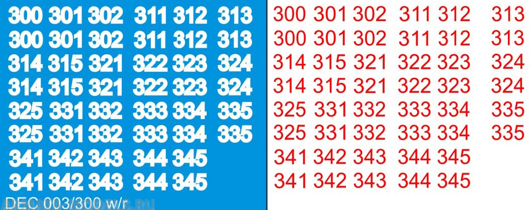 DEC003/300 Номера на немецкую технику масштаб 1/100 с 100 по 400. Цвет – белый контур + красный центр